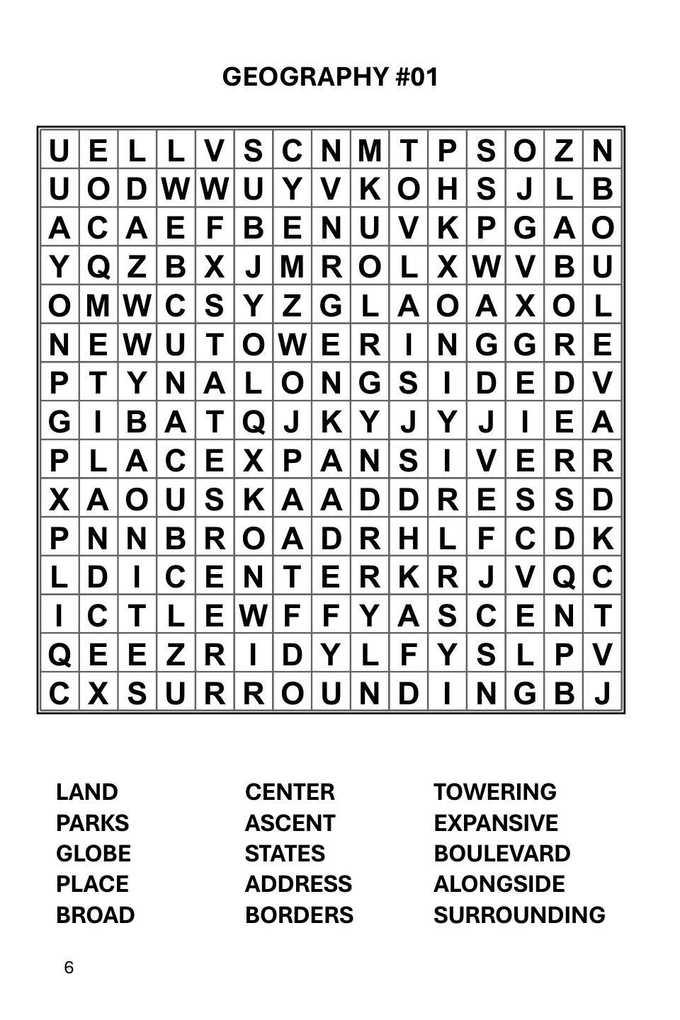 Volume 1 Geography word-search puzzle with a 15 by 15 letter grid and 15 listed words